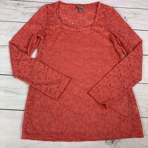 Vanity essentials Top lace women's long sleeve large pink coral sheer sporty L